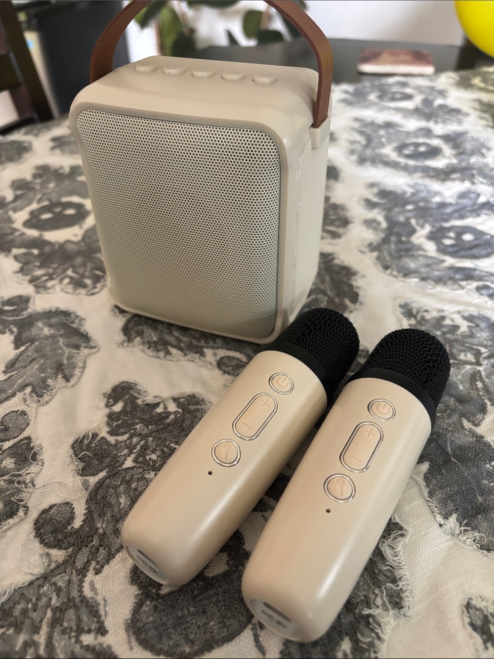 Portable Beige Wireless Speaker with Two Beige Wireless Microphones